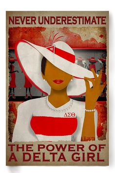 a woman wearing a white hat and red dress with the words never underestimate