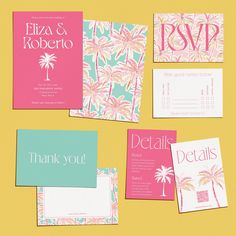 the wedding stationery is laid out on top of each other, with palm trees