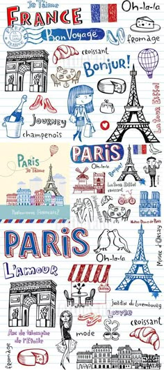 a bunch of different types of writing on lined paper with the words paris written in french