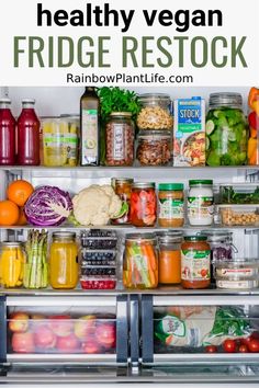 an open refrigerator filled with fresh vegetables and fruits, labeled easy vegan meal prep ideas