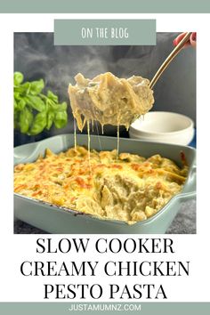 the recipe for slow cooker creamy chicken pesto pasta is shown with text overlay