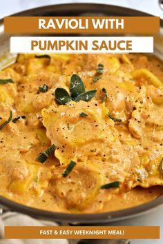 ravioli with pumpkin sauce in a skillet