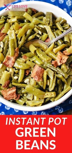 green beans with bacon in a white bowl on top of a blue and red plate