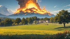 a painting of a large volcano spewing out fire into the sky over a lush green field