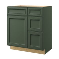 a green cabinet with three doors and two drawers on the bottom, in front of a white background