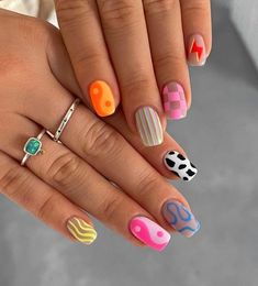 Fun Colorful Nails Short, Colorful Nail Designs Short, Nail Art Designs Funky, Colorful Bright Nails, Funky Fun Nails, Funky Mismatched Nails, Fun Crazy Nails, Different Pattern Nails, Funky Gel Nail Designs