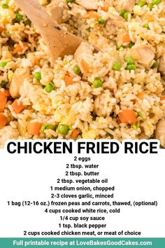 chicken fried rice recipe in a pan with a wooden spoon on the side and instructions for how to make it