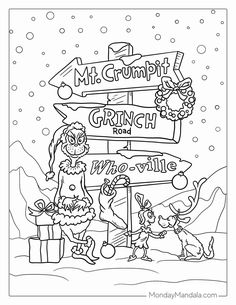 a coloring page for christmas with santa claus and his reindeers at the signpost