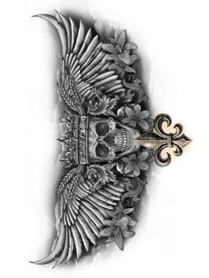 an artistic tattoo design with skulls and wings