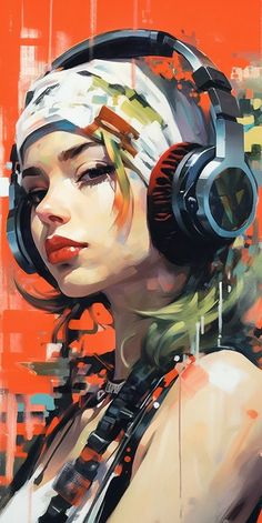 a painting of a woman wearing headphones and listening to music on an orange background