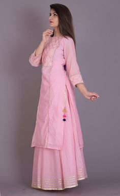 Pink Kurti Design, Kurta With Skirt, Kurta Skirt, Pink Kurti, Sharara Designs, Pink Kurta, Long Kurti Designs, Kurti Design