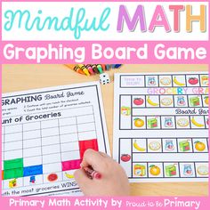 a colorful board game with the words mindful math on it and a hand holding a pencil