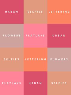 the different font styles and colors on this poster are all in shades of pink, orange,