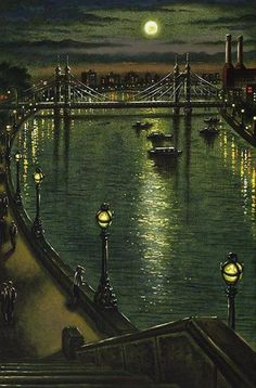 an oil painting of a night scene with boats on the water and bridge in the background