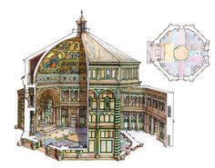 an architectural drawing of a building with a domed roof and stained glass windows on the front