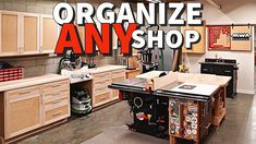 an organized shop with lots of workbenches