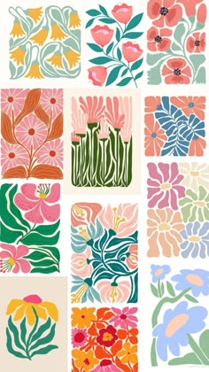 an assortment of flowers and leaves are shown in different colors on the same sheet of paper