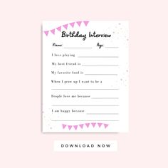 a pink and white birthday interview card