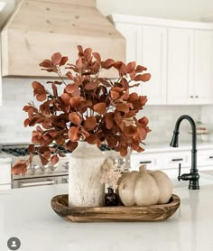 a white kitchen counter top with a vase filled with leaves and pumpkins on it