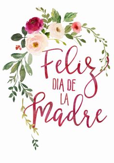 the words feliz dia de la madre written in red and pink flowers