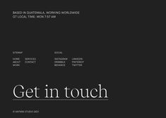 the words get in touch are displayed against a black background with white lettering on it