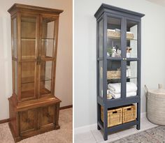 two pictures side by side one has a china cabinet and the other has a basket