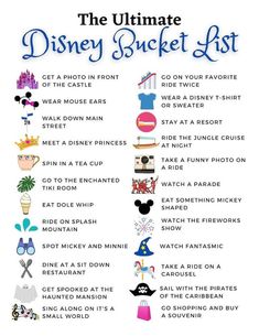 the ultimate disney bucket list is shown in blue and white, with images of characters