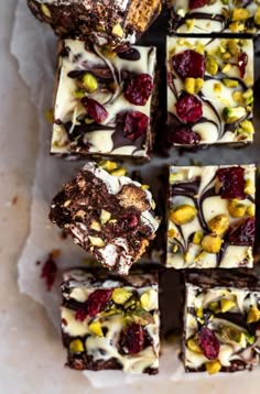 several pieces of chocolate dessert with white frosting and dried berries on top, arranged in squares