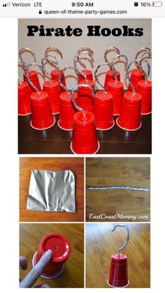 the instructions to make pirate hooks out of plastic cups and tinfoils are shown