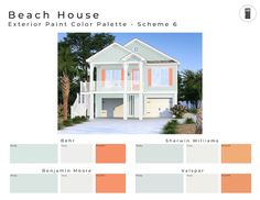 the beach house exterior paint color palette scheme is shown in orange, white and blue