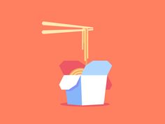 an illustration of chopsticks sticking out of a box with noodles in it,