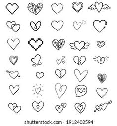 a collection of hearts drawn in black and white