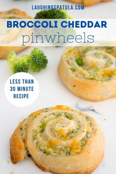 broccoli cheddar pinwheels with text overlay