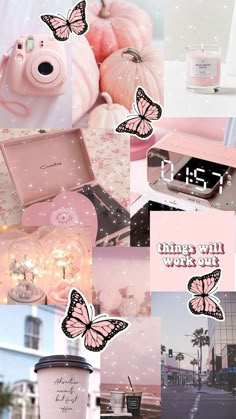 a collage of photos with pink and white butterflies on them, including a camera