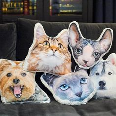 a group of pillows with cats and dogs on them sitting on a couch next to each other