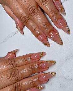 Gold Nails With Pearls, Gold And Pink Nails Acrylic, Gold And Orange Nails, Orange And Gold Nails, Almond Chrome Nails, Aphrodite Nails, Acrylic Nails Almond Shape, Acrylic Toe Nails, Work Trip