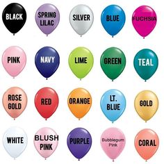 balloons with different colors and words on them