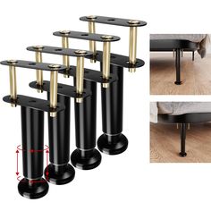 four black and gold metal poles are in front of a bed