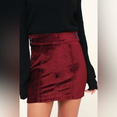 Size 29 Burgundy Red Velvet Kimora Velvet Skirt High Waist Red Skirt For Winter, Red High Waist Mini Skirt For Fall, Chic Red Skort For Fall, Fitted Burgundy Mini Skirt, Red Mini Length Bottoms For Winter, Red Mini Skirt For Winter Night Out, Winter Red Mini Skirt For Night Out, Burgundy Mini Skirt For Fall, Red Velvet Mini Skirt