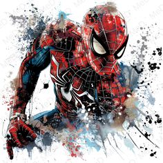 a spider man with paint splattered on it's face and arms, sitting down