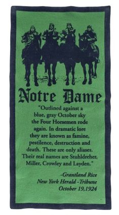 a green and black towel with an image of three men on horses in the background