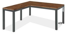 an office desk with a wooden top and metal legs, viewed from the front view