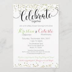 a white and gold celebration party card with confetti on the edges, in black lettering that reads celebrate together