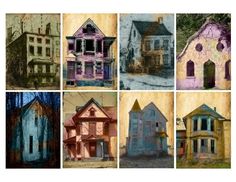 six different colored houses are shown in this collage