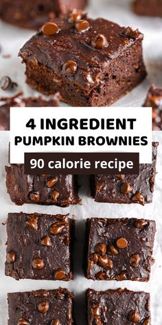 four ingredient pumpkin brownies with chocolate chips on top and the words, 4 ingredient pumpkin brownies