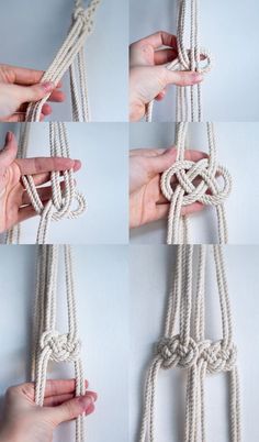 four pictures showing how to tie a knot in two different ways, and then attach it together