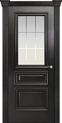 a black door with a mirror on the top and bottom paneled in white paint