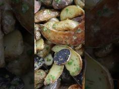 two pictures of clams and mussels with green stuff on them