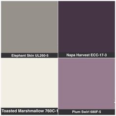 different shades of purple and grey with the names of each color scheme in black, white,