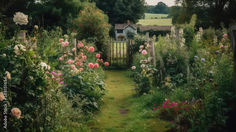 a garden filled with lots of flowers next to a lush green field covered in pink and white flowers